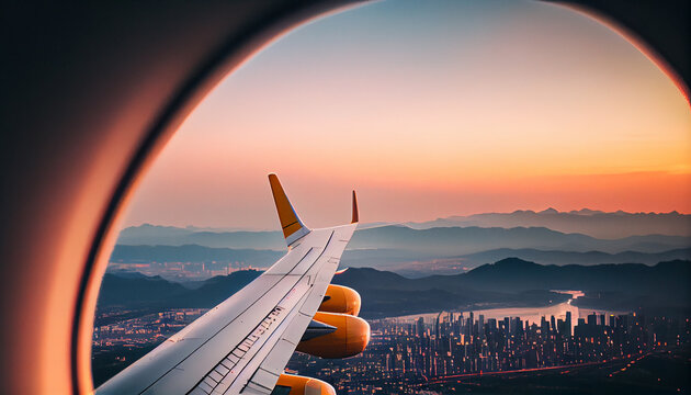 city behind plane at sunset - generative ai