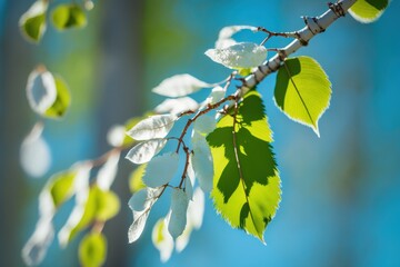 Poster - Blooming A birch tree in the spring sun. Close up of young, vibrant green birch tree leaves. Focused white birch trunk on a sky blue backdrop. Close up of a spring birch under strong sunlight