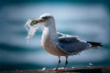 seagull flying with its beak tangled in plastic rubbish, tangled around its neck - generative ai