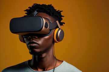 Wall Mural - African man wearing virtual reality goggles standing studio clean background . Concept of virtual reality technology , gaming simulation and metaverse. Peculiar AI generative image.