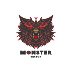 Wall Mural - Vector hairy shaggy head of a black-red scary monster on a white isolated background. Logo, emblem or sticker.