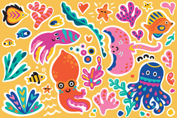 Wall Mural - Collection of cute cartoon marine creatures in bright childish style. Flat simple style vector