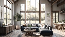 Large Open Modern Farmhouse Living Room.  Cozy, Airy, Open Floor Plan, Huge Windows.