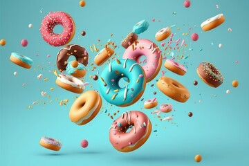 Sticker - Donuts, cupcakes, and macaroons with colorful decorations falling in motion on a blue background. Doughnuts of all flavors flying on a pastel background. Banner. Generative AI