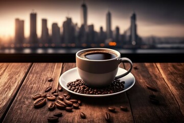 Sticker - On the wooden table and in the city background with copy space, there is a hot coffee cup with a roasting coffee bean. Generative AI