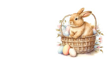 Easter Bunny With Basket Of Eggs Victoria Style Art Watercolor. Edited Generative Ai.