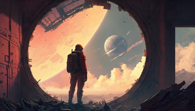 illustration of an astronaut standing inside a mega structure watching a foreign planet, concept art, ai art, digital painting
