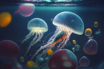 Wall Mural - abstract underwater activities with bubbles, jellyfish, and light. Generative AI