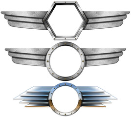 Collection of three metal winged logos isolated on white or transparent background with copy space, circle and hexagon shape, 3D illustration, png.