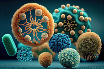 Macro shot of different types of microbes. Virus cells and bacteria on abstract background. Created with generative ai