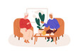 © Good Studio - Old love couple relaxing with tea. Happy man and woman of senior age resting at home, talking. Elderly wife and older husband communication. Flat vector illustration isolated on white background