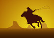 Rodeo competition tournament, sunset background. Vector poster cowboy and lasso on the horse in grand canyon