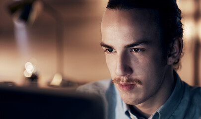 Computer, night research or programmer man for cybersecurity, app coding or data analysis in office. Hacker, developer or employee on tech for software code, programming or startup analytics review