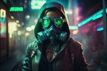 A Stylish Cyberpunk Girl Wearing A Leather Hooded Jacket Is Sporting A Gas Mask With Safety Goggles And Filters. Glowy Green Wires On Night Light Bokeh In City, Colorful Human Skull With Cross In Eyes