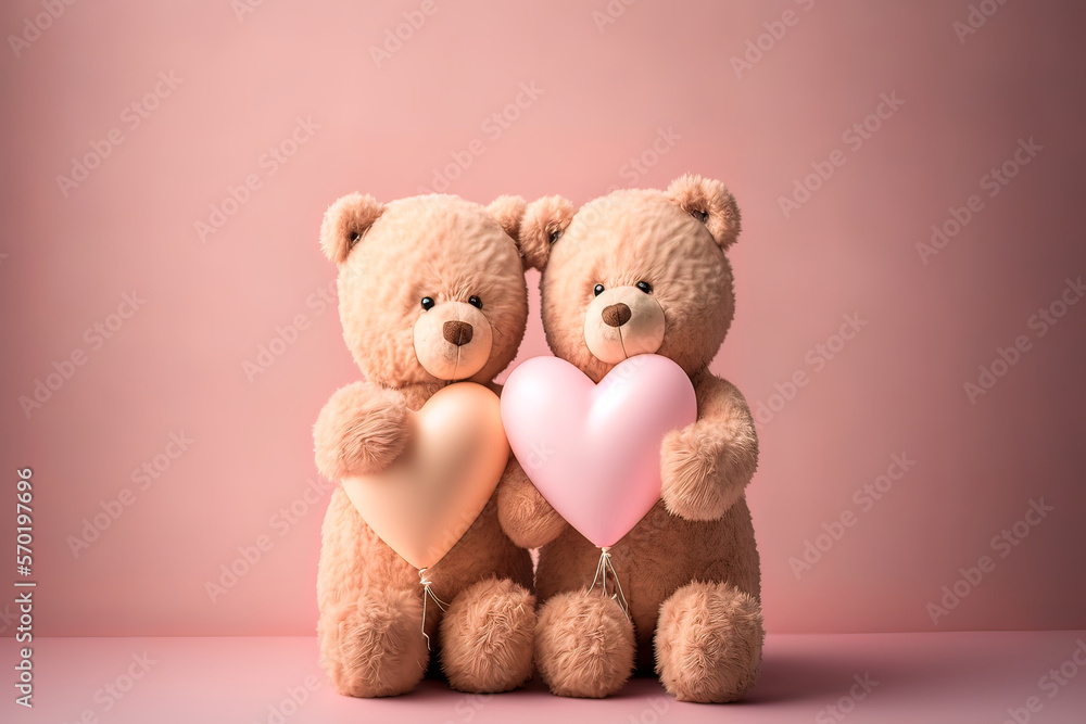 Cute teddy bear couple holding valentine heart shape balloon on pink ...