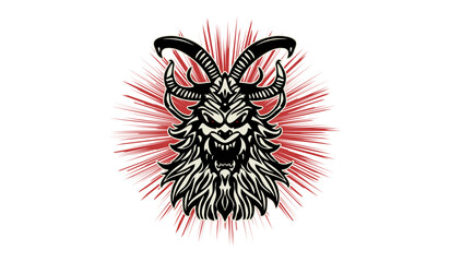 Wall Mural - Vector scary head of a horned infernal demon with an open toothy maw, with red rays on a white background. Sinister logo, sticker or icon.