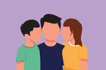 Wall Mural - Graphic flat design drawing portrait of adorable son and daughter kissing their father. Happy fathers day concept. Family holiday. Love of children with their father. Cartoon style vector illustration