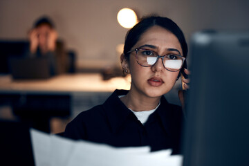 Wall Mural - computer, night research or programmer woman for cybersecurity, app coding or data analysis in offic