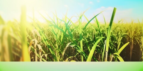 Sticker - Sugar cane fields plantation at caribbean countryside, agriculture concept, sugarcane leaves closeup in sunshine. Generative AI