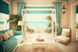 Beach luxury resort hotel room graphic design 3d model background. Generative ai