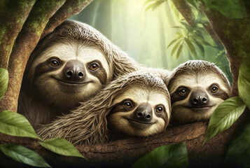 Wall Mural - Sloths with copy space background. World wildlife day concept. Generative ai.