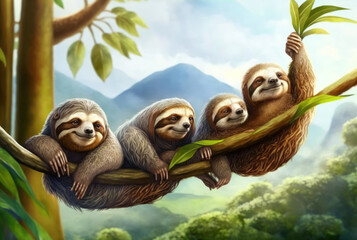 Wall Mural - Sloths with copy space background. World wildlife day concept. Generative ai.