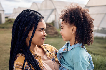 Poster - Mother, kids and sustainable farm on field for sustainability, growth and eco environment, Agriculture of happy black family, mom and children in garden, countryside greenhouse and smile in nature