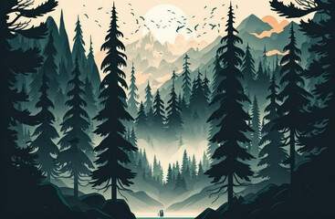 Poster - Hipster vintage retro style misty scene with fir forest. Generative AI