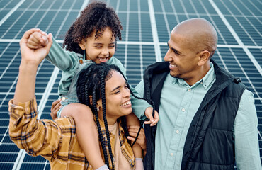 Poster - Black family, children or solar panel with a mother, father and daughter on a farm together for sustainability. Kids, love or electricity with man, woman and girl bonding outdoor for agriculture