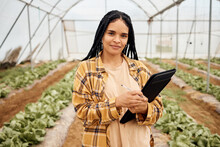 Greenhouse, Agriculture Portrait And Black Woman With Vegetables Inspection, Agro Business And Food Supply Chain. Farming, Gardening And Farmer Person With Portfolio, Checklist And Growth Management