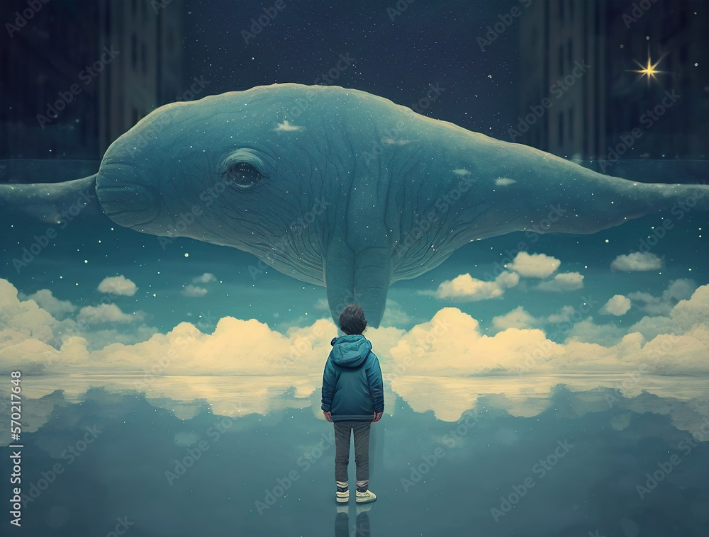 anime boy watching fantasy flying fish Stock Illustration | Adobe Stock