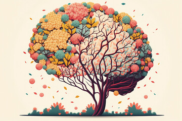 Human brain tree with flowers, self care and mental health concept, positive thinking, creative mind, generative AI