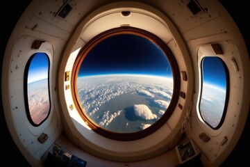Wall Mural - which show a white, pristine spaceship cabin with a perspective of earth. generative ai