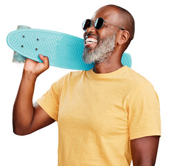 A funky cool mature African American man posing with a skateboard. Smiling black man wearing sunglasses feeling youthful and energetic. Skating is fun isolated on a PNG background.