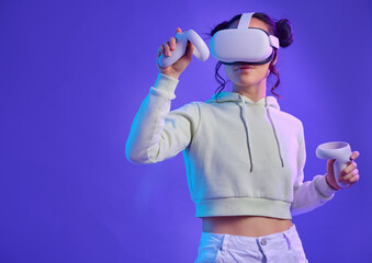 Wall Mural - metaverse, virtual reality glasses and a woman with mockup space for futuristic, cyber and digital w