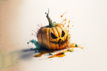 Wall Mural - Carved Pumpkin Halloween - Watercolor (Generative AI Art)