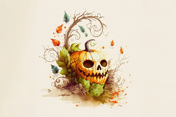 Wall Mural - Carved Pumpkin Halloween - Watercolor (Generative AI Art)