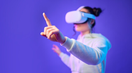 Wall Mural - woman hand for metaverse, virtual reality glasses and gaming for futuristic, cyber and 3d world. gam