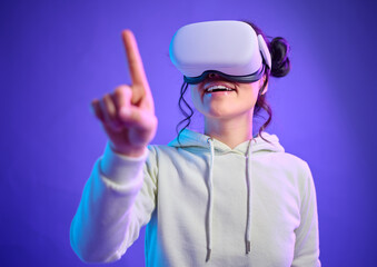 Wall Mural - virtual reality glasses, metaverse and a woman with hand for futuristic gaming, cyber and 3d world. 