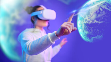 Futuristic, planet or woman in vr or metaverse on purple background gaming, cyber or scifi on digital overlay. World, virtual reality user or fantasy gamer person in 3d ai galaxy experience in studio
