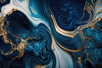 Abstract marbleized effect background. Blue creative colors. Beautiful paint with the addition of gold Generative AI