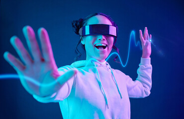 Wall Mural - vr, wave or woman in metaverse on purple background gaming, cyber or scifi on future digital overlay