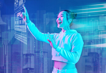 Wall Mural - futuristic, hologram or woman in metaverse on purple background gaming, cyber or scifi on digital ov