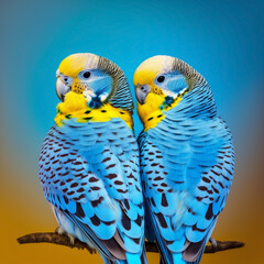 Two blue wavy lovesick parrots are sitting together and kissing. Generative AI, generative artificial intelligence