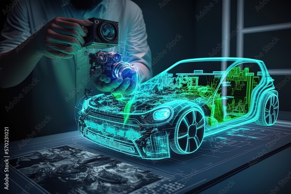 An engineer designing an electric car using augmented reality and ...