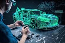 An Engineer Designing An Electric Car Using Augmented Reality And Viewing The Car As A Projection Or Hologram In High-tech Laboratory. Generative Ai
