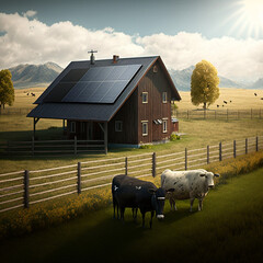 Sticker - Modern farm with solar panels. Generative AI.