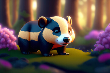 Wall Mural - A cute badger in a colorful and sunny forest. Generative AI.