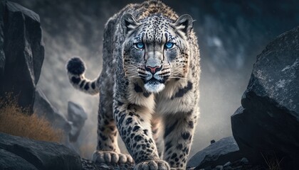 Wall Mural - a macro shot of a majestic snow leopard prowling through the himalayas generative ai