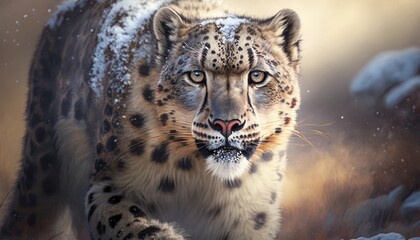 Wall Mural - a macro shot of a majestic snow leopard prowling through the himalayas generative ai